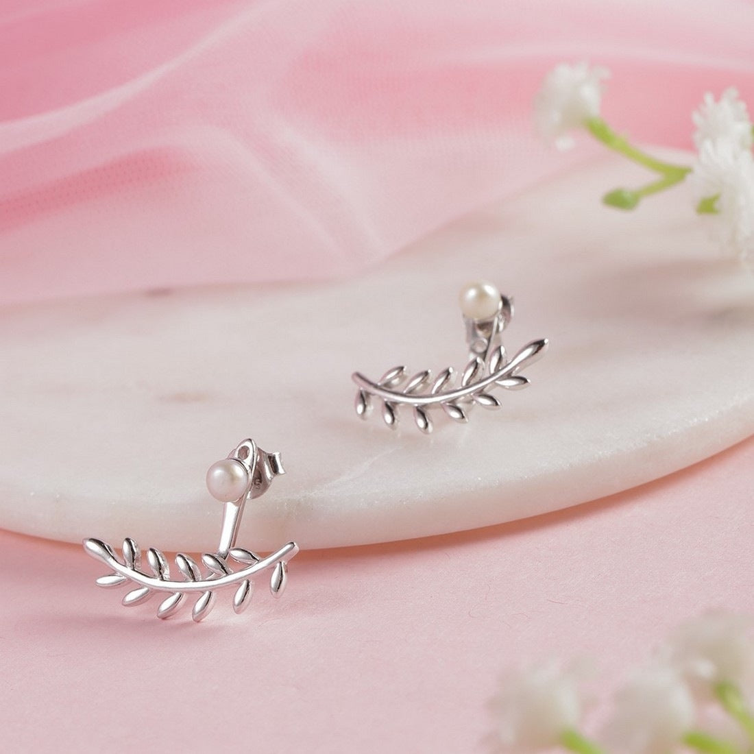 Leafy Pearl Two-Way Rhodium Plated 925 Sterling Silver Studs