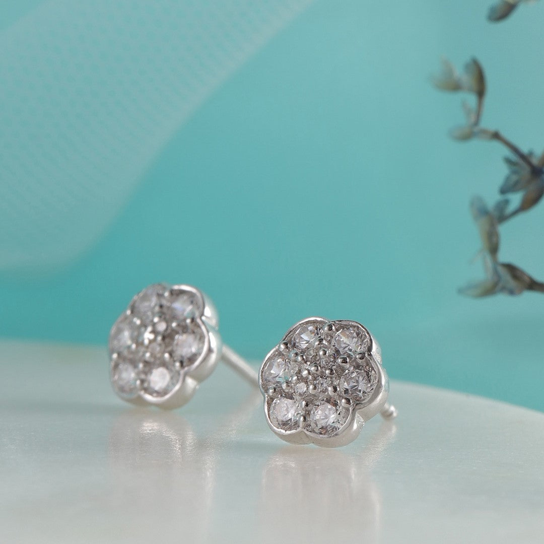 Minimal CZ Studded Rhodium Plated 925 Sterling Silver Studs