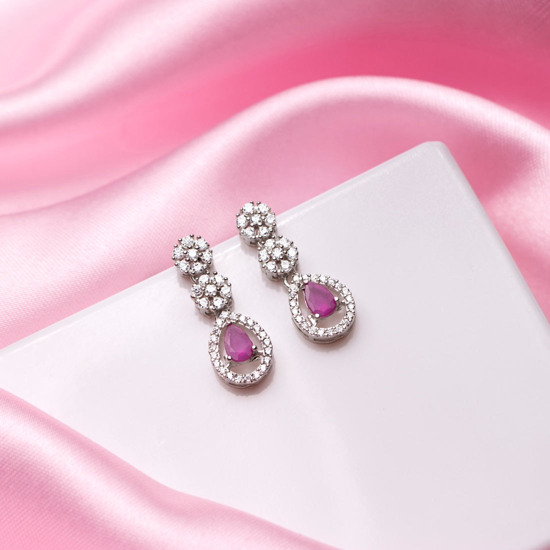 Dazzling Bloom Rhodium-Plated Drop Earrings with Dark Pink and White CZ