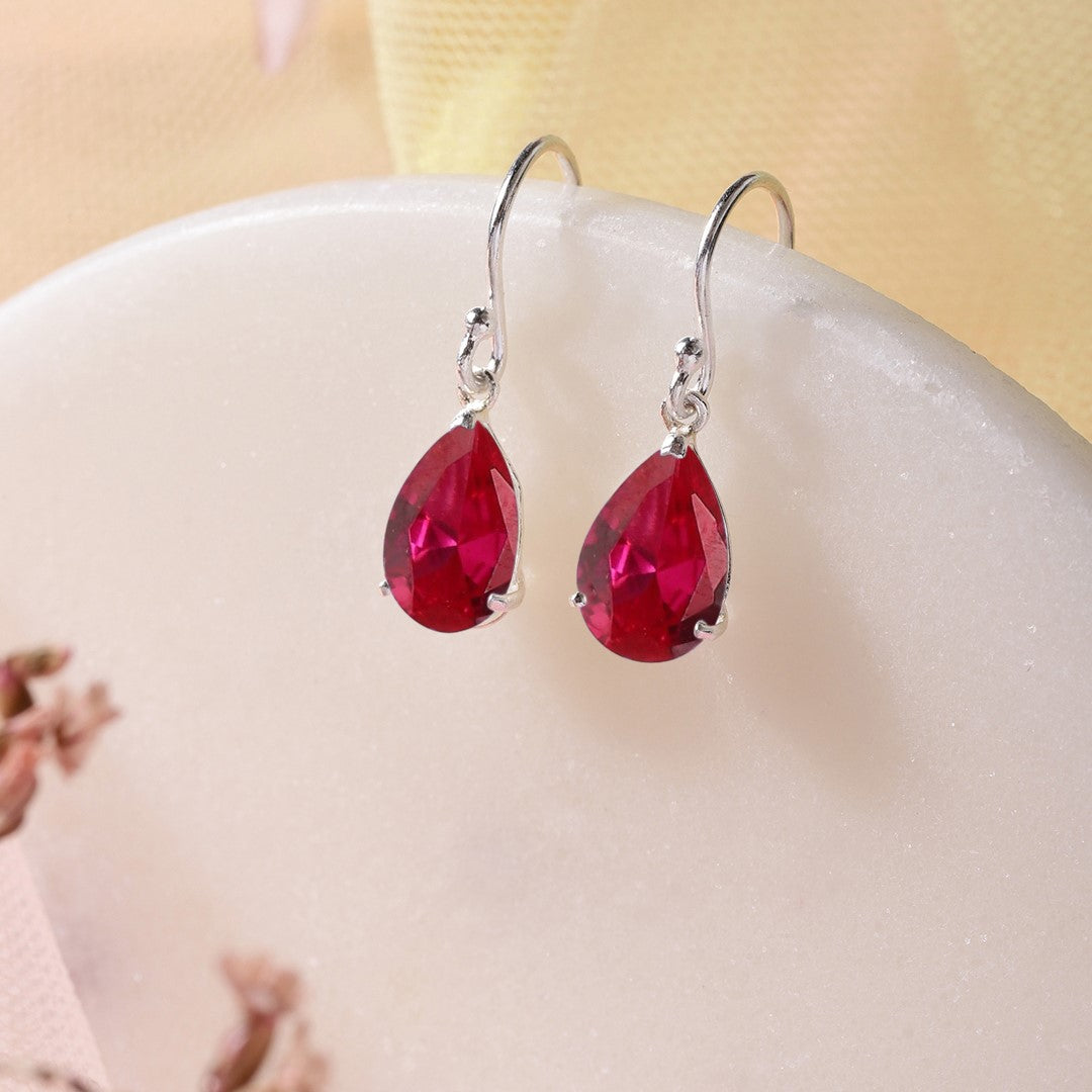 Red-CZ Drop Rhodium Plated 925 Sterling Silver Earring