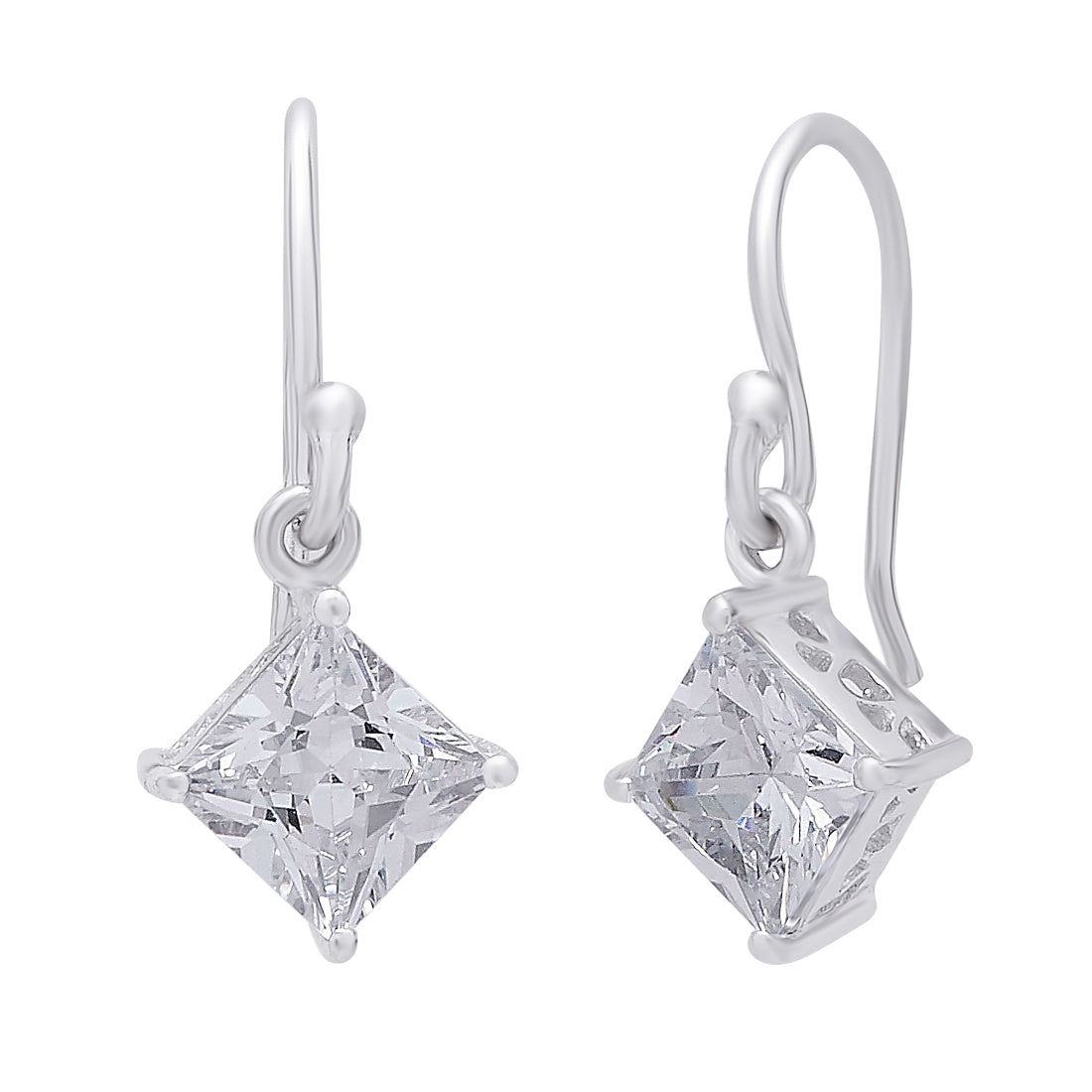 Clear Solitaire Cube Rhodium Plated 925 Sterling Silver Earring