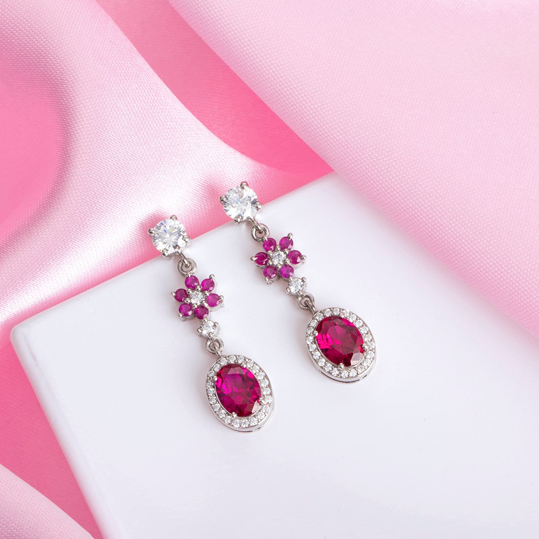 Crimson Blossom 925 Sterling Silver CZ Floral Drop Earrings