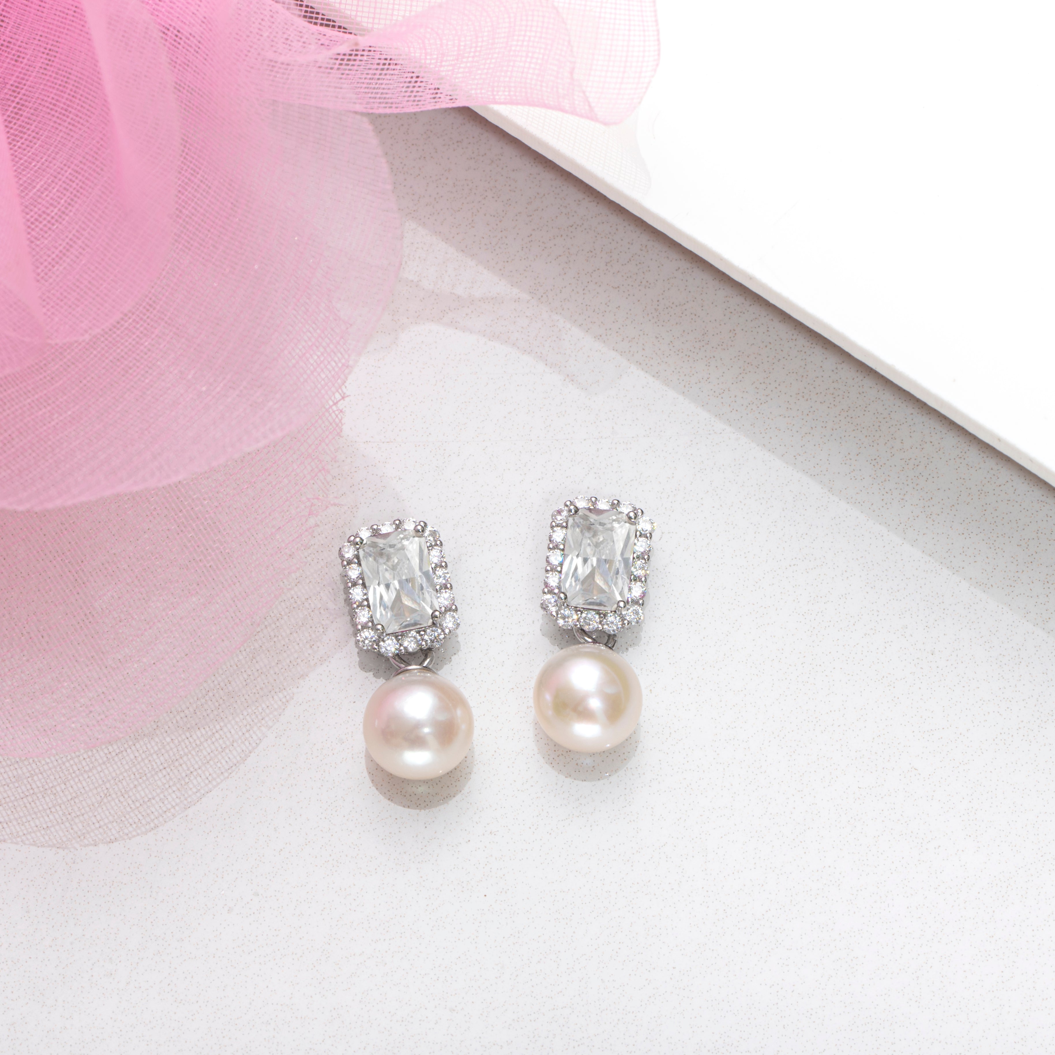 Pearlescent Radiance Rhodium-Plated CZ & Freshwater Pearl Drop Earrings