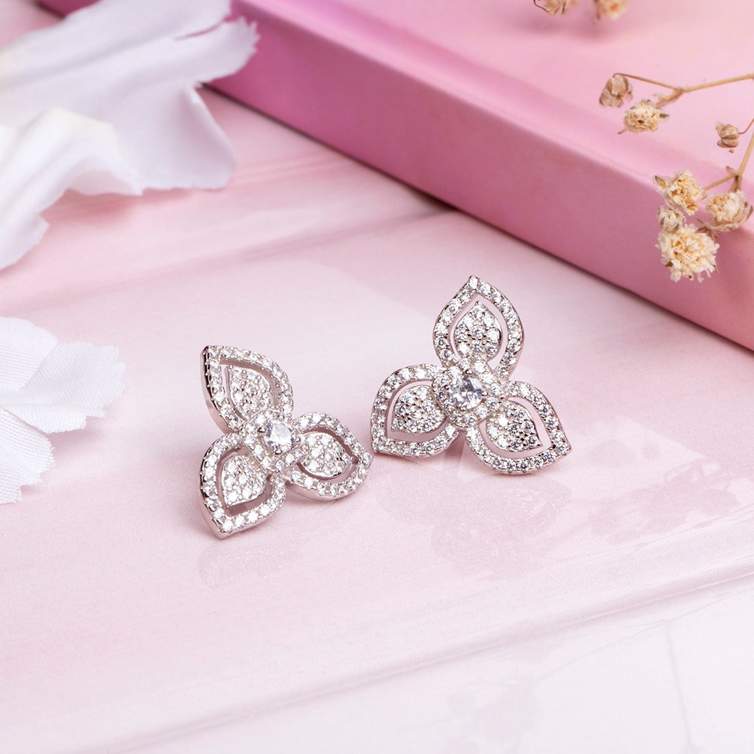 Chic Petals Rhodium Plated Flower 925 Sterling Silver Earrings