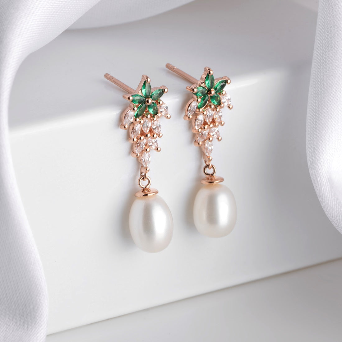 Lustrous Floral Cascade CZ Pearls Rose Gold Plated 925 Sterling Silver Earrings