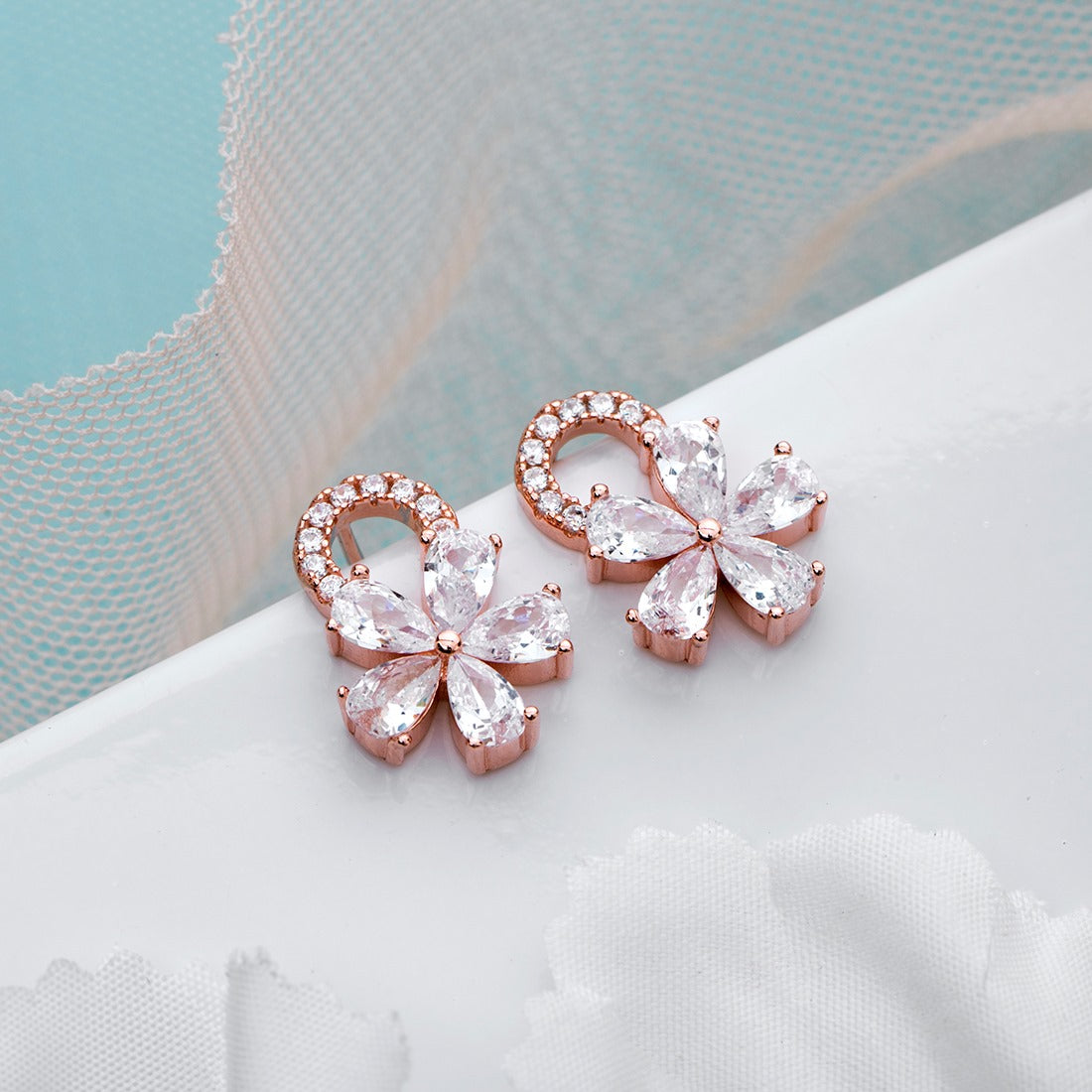 Flower Fantasy Rose Gold-Plated Cubic Zirconia 925 Sterling Silver Earrings