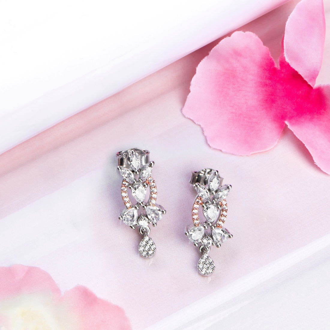 Radiant Harmony Rhodium & Rose Gold-Plated CZ Sterling Silver Drop Earrings