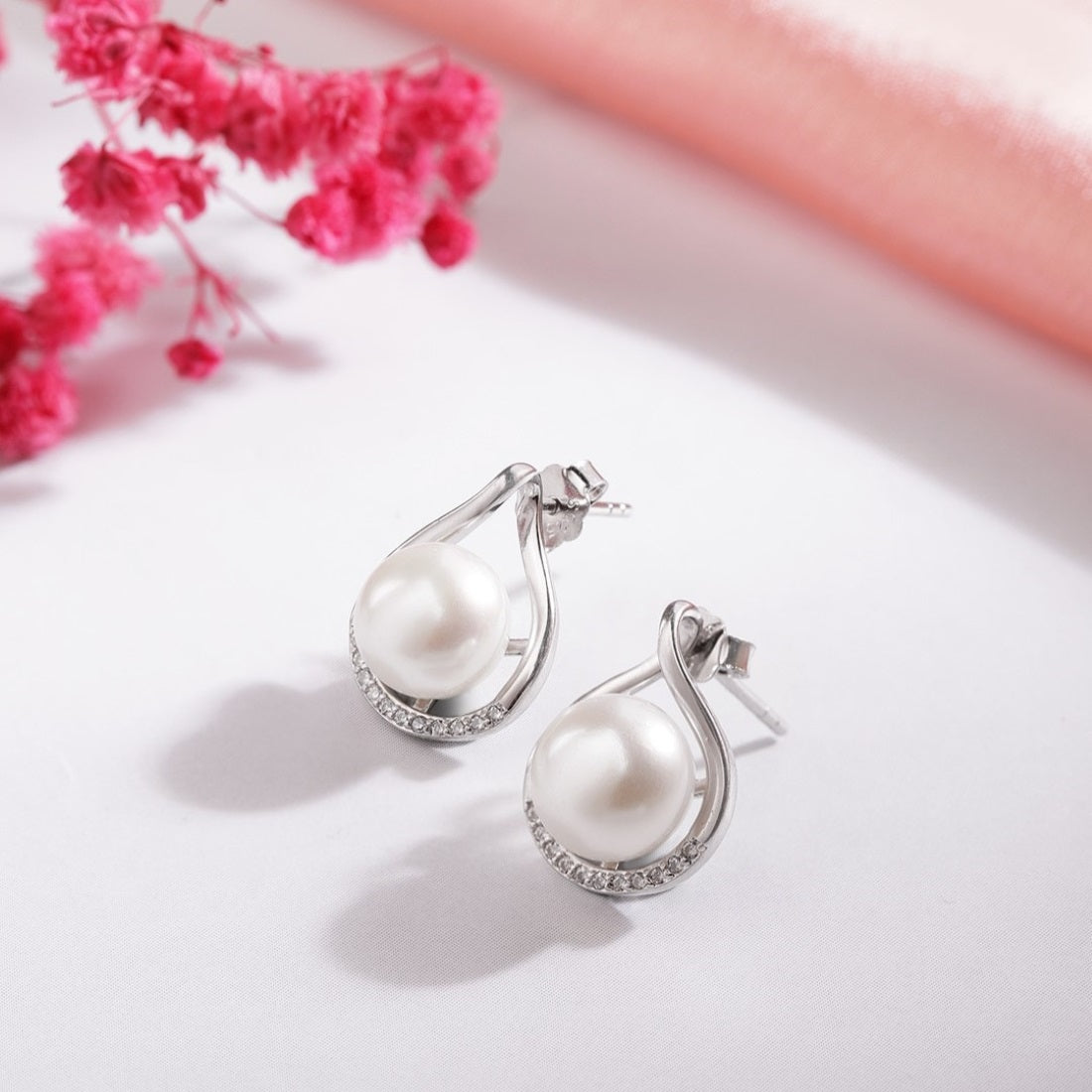 Simple Elegance Pearl Duo Rhodium-Plated 925 Sterling Silver Earrings
