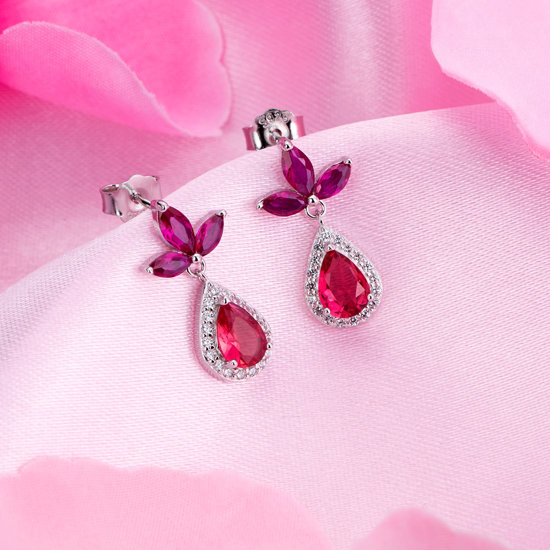 Radiant Crimson Drops Rhodium-Plated 925 Sterling Silver Red Cubic Zirconia Earrings