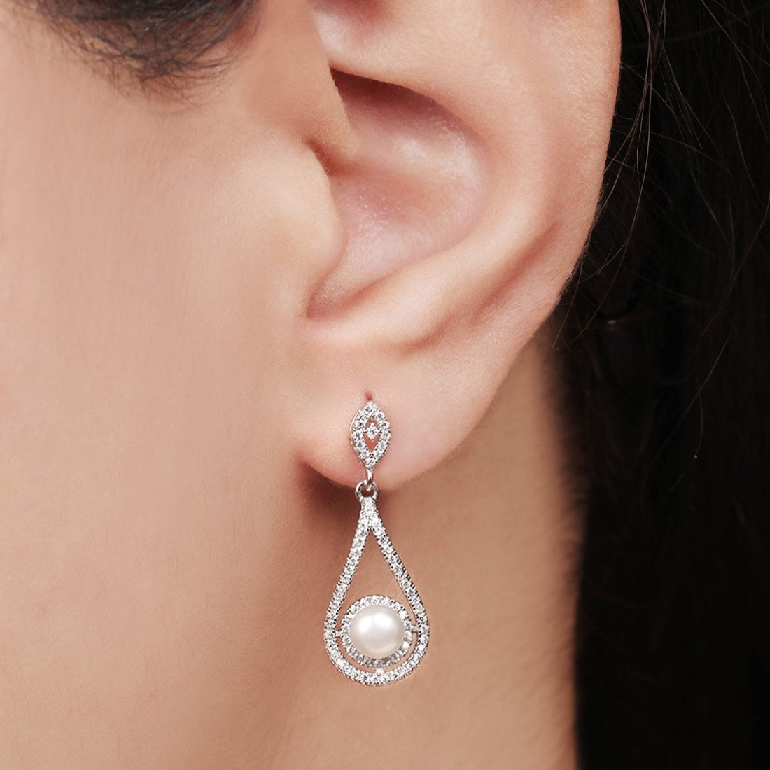 Pearl Drop CZ-Studded Rhodium Plated 925 Sterling Sterling Silver Drop Earring