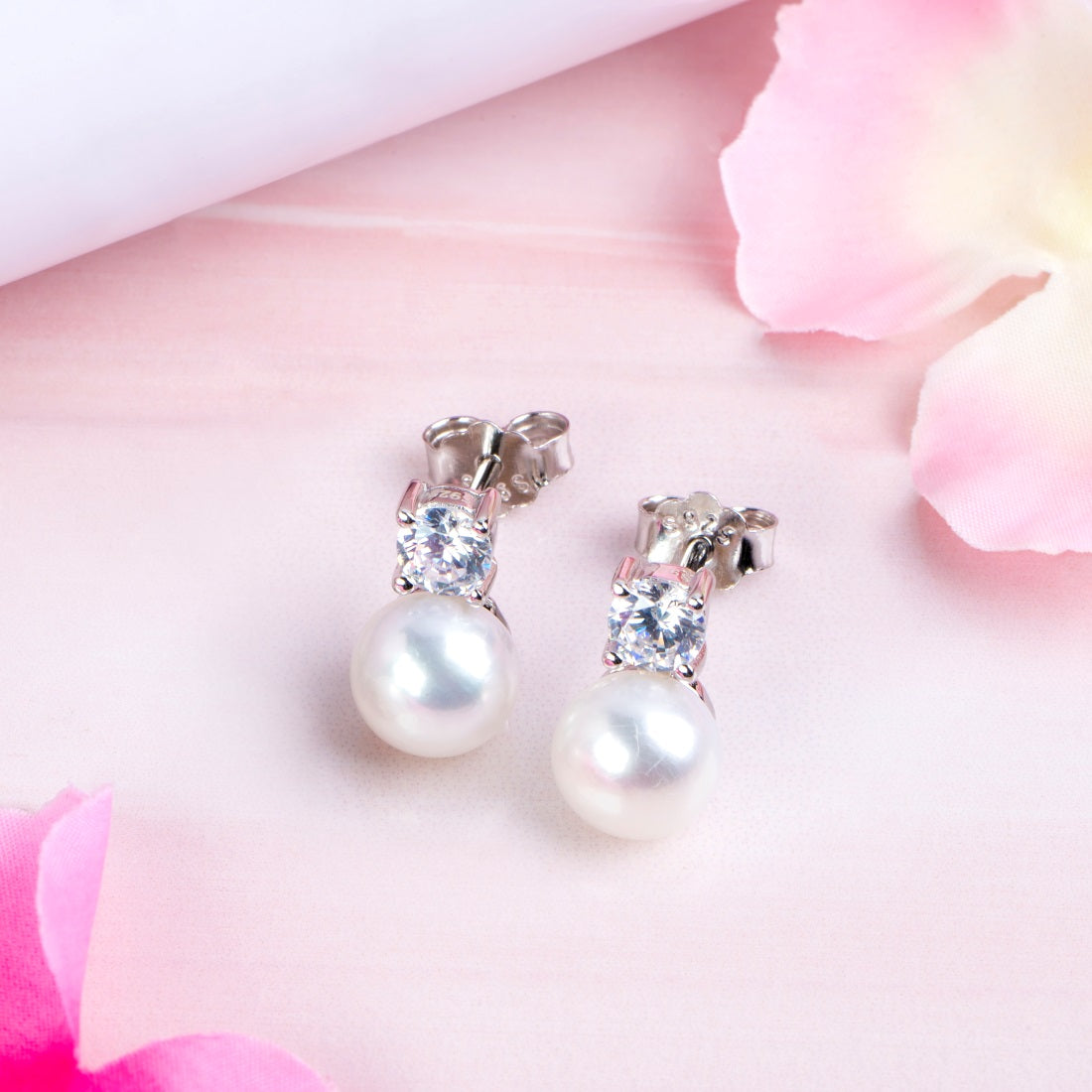 Pearlescent Radiance Rhodium-Plated 925 Sterling Silver Earrings with CZ