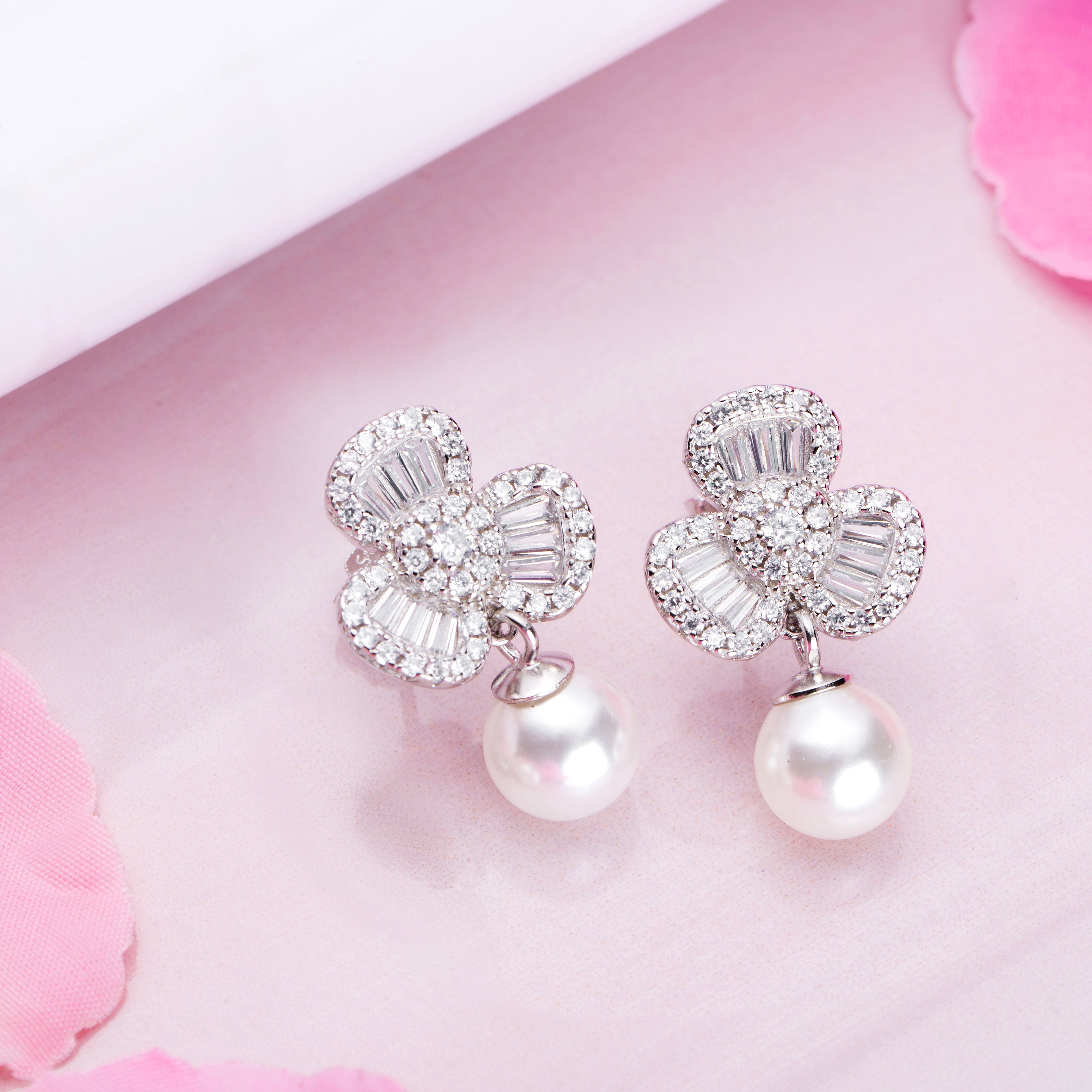 Trinity CZ-Pearl Blooms 925 Sterling Silver Rhodium-Plated Earring