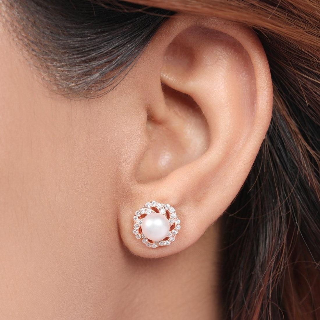 Blossom Pearl-CZ Harmony 925 Sterling Silver Rose Gold-Plated Earring