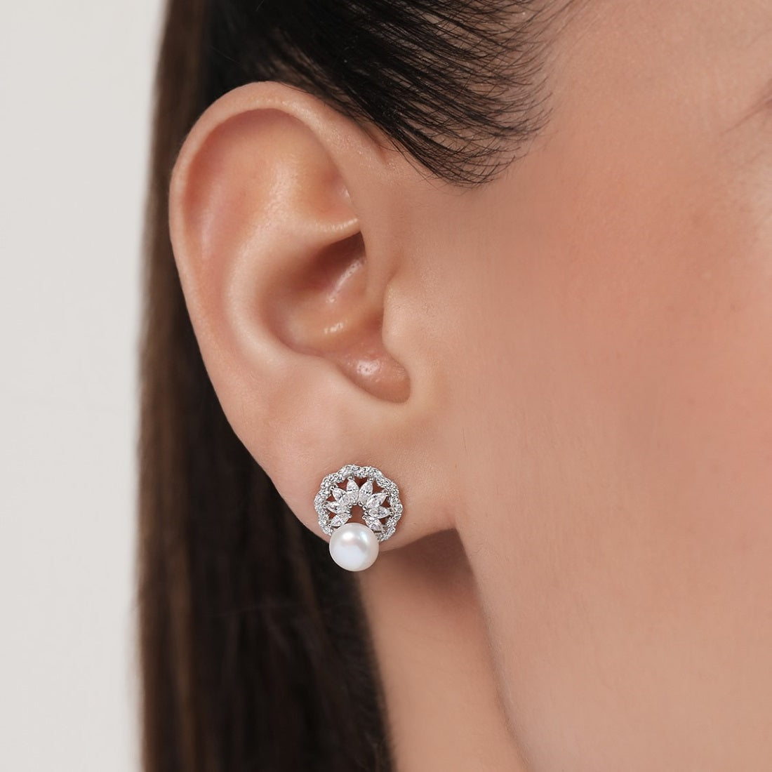Pearl Petal Radiance Rhodium-Plated 925 Sterling Silver Flower Earring