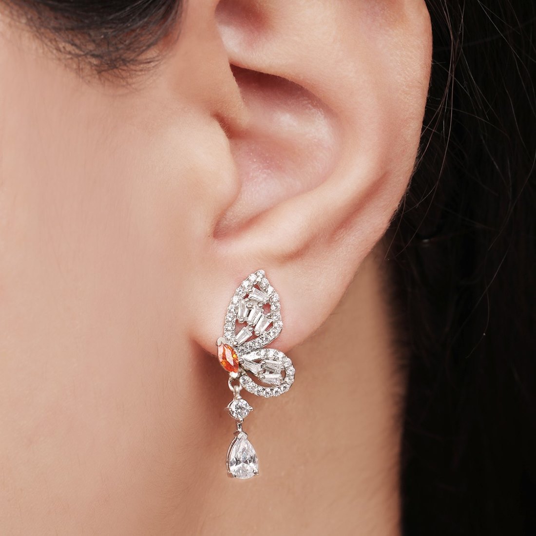 Butterfly Cascade Rhodium-Plated CZ Drop 925 Silver Earrings