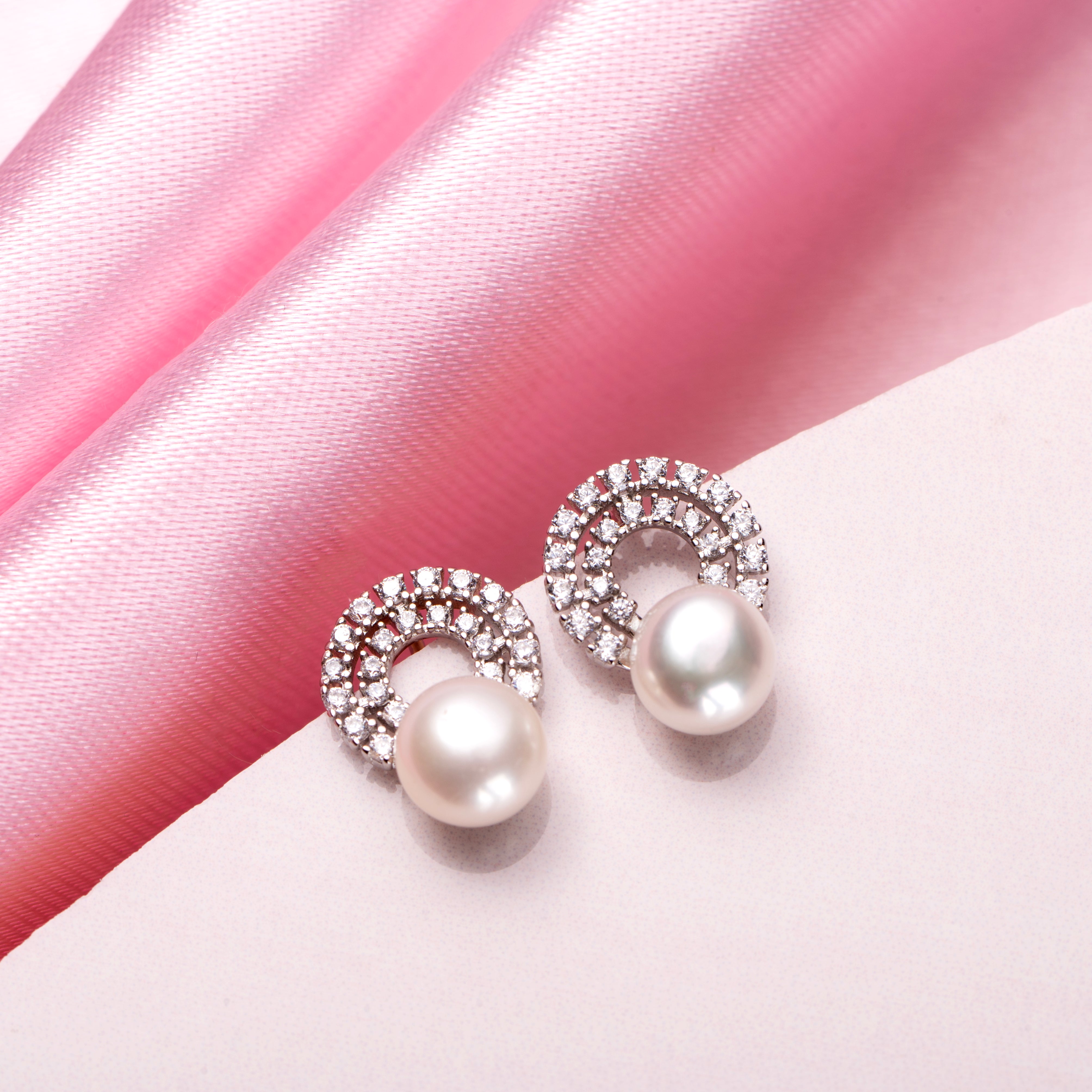 Celestial Pearl Elegance Rhodium-Plated 925 Sterling Silver Circle Earrings