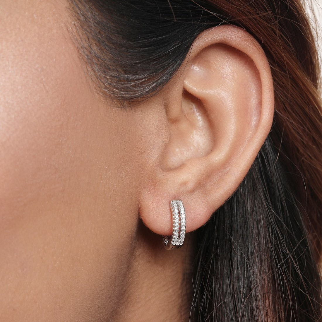 Dual Line Glamour Rhodium Plated 925 Sterling Silver Hoop Earrings