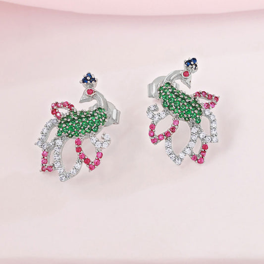 Majestic Peacock Rhodium Plated 925 Sterling Silver Earrings