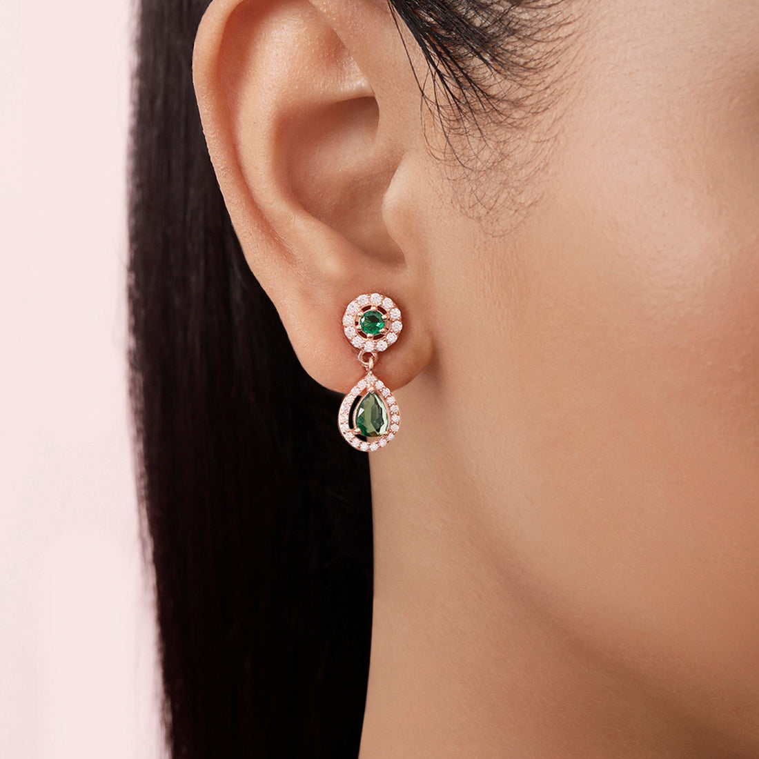 Green Drop Rose Gold Plated 925 Sterling Silver Earrings