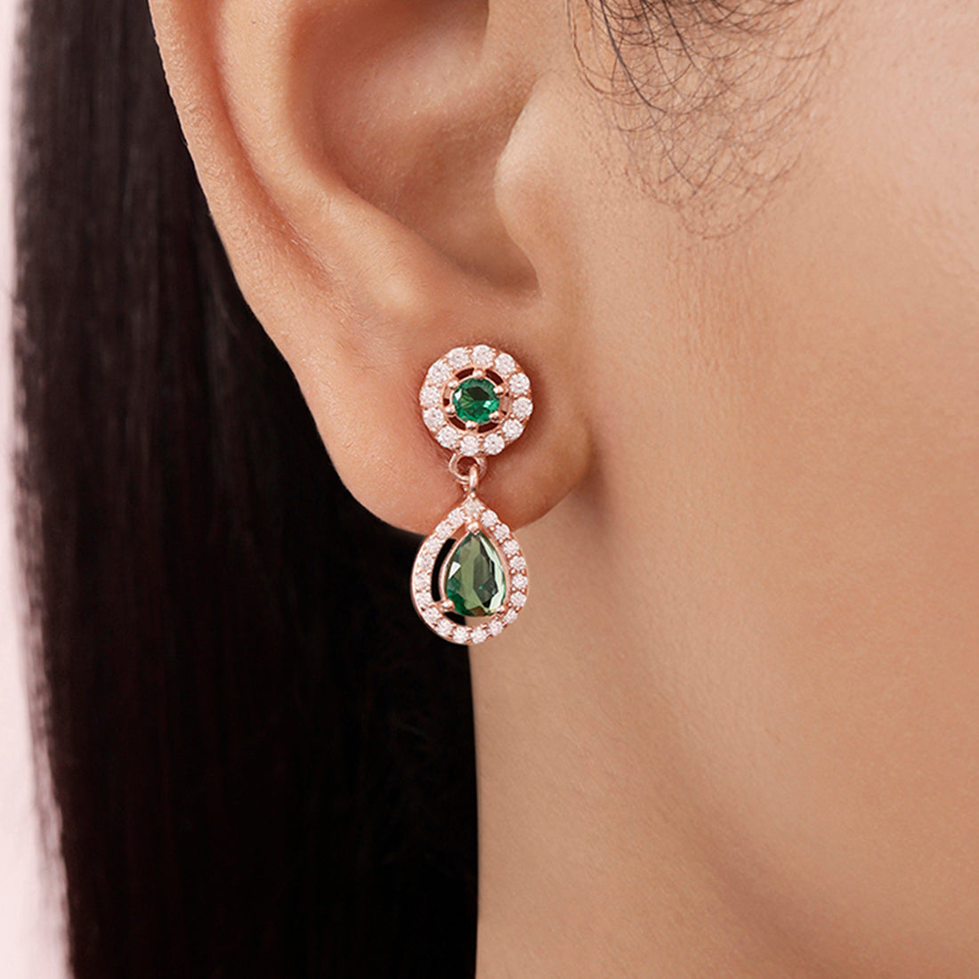 Green Drop Rose Gold Plated 925 Sterling Silver Earrings