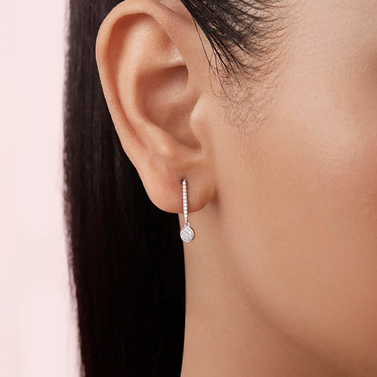 Elegant Studded Drop Rhodium Plated 925 Silver Hoop Earrings
