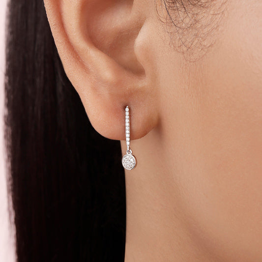 Elegant Studded Drop Rhodium Plated 925 Silver Hoop Earrings