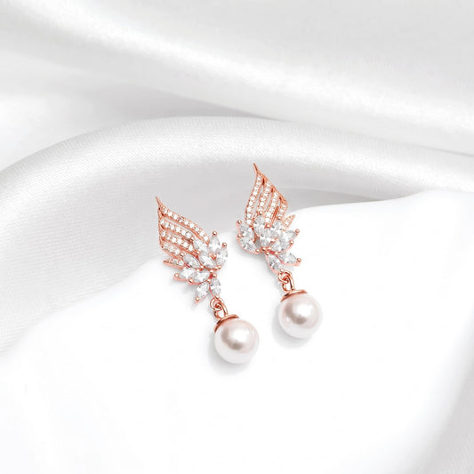 Floral Winged Pearl Rose Gold Plated 925 Silver Drop Earrings