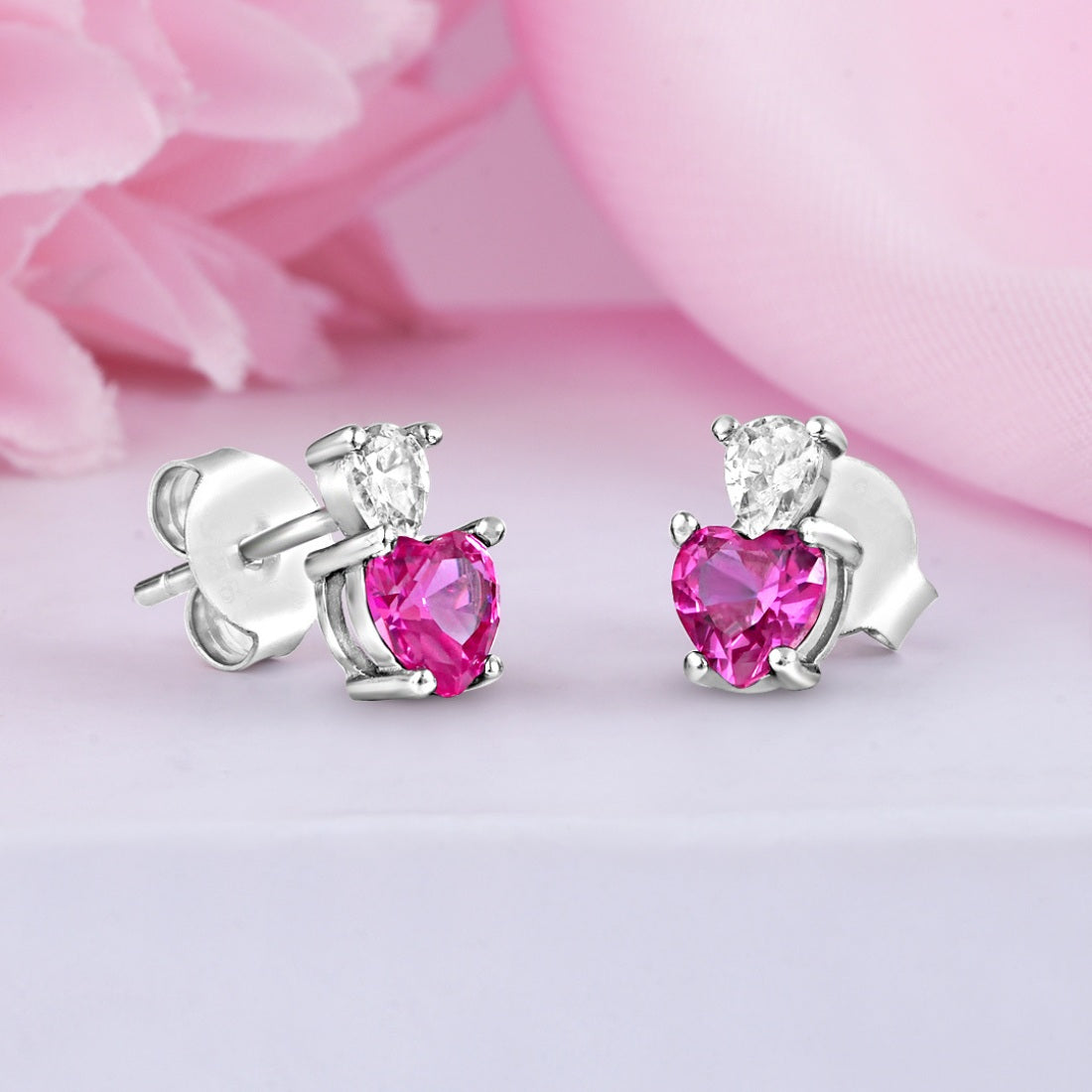 Pink Heart Rhodium Plated 925 Sterling Silver Earrings