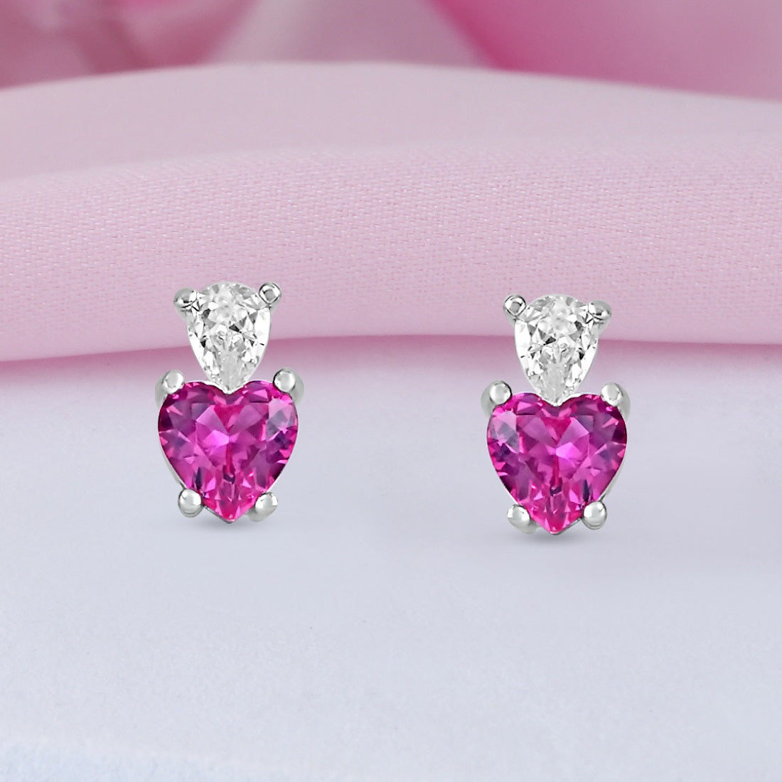 Pink Heart Rhodium Plated 925 Sterling Silver Earrings