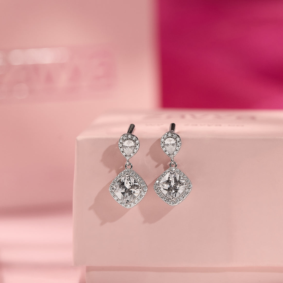 Solitaire Halo Rhodium Plated 925 Sterling Silver Earrings