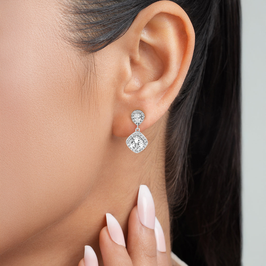 Solitaire Halo Rhodium Plated 925 Sterling Silver Earrings