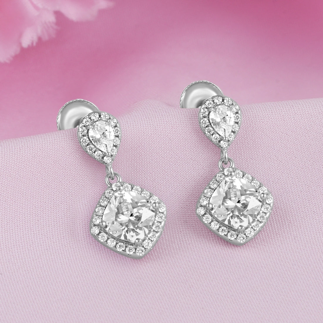 Solitaire Halo Rhodium Plated 925 Sterling Silver Earrings