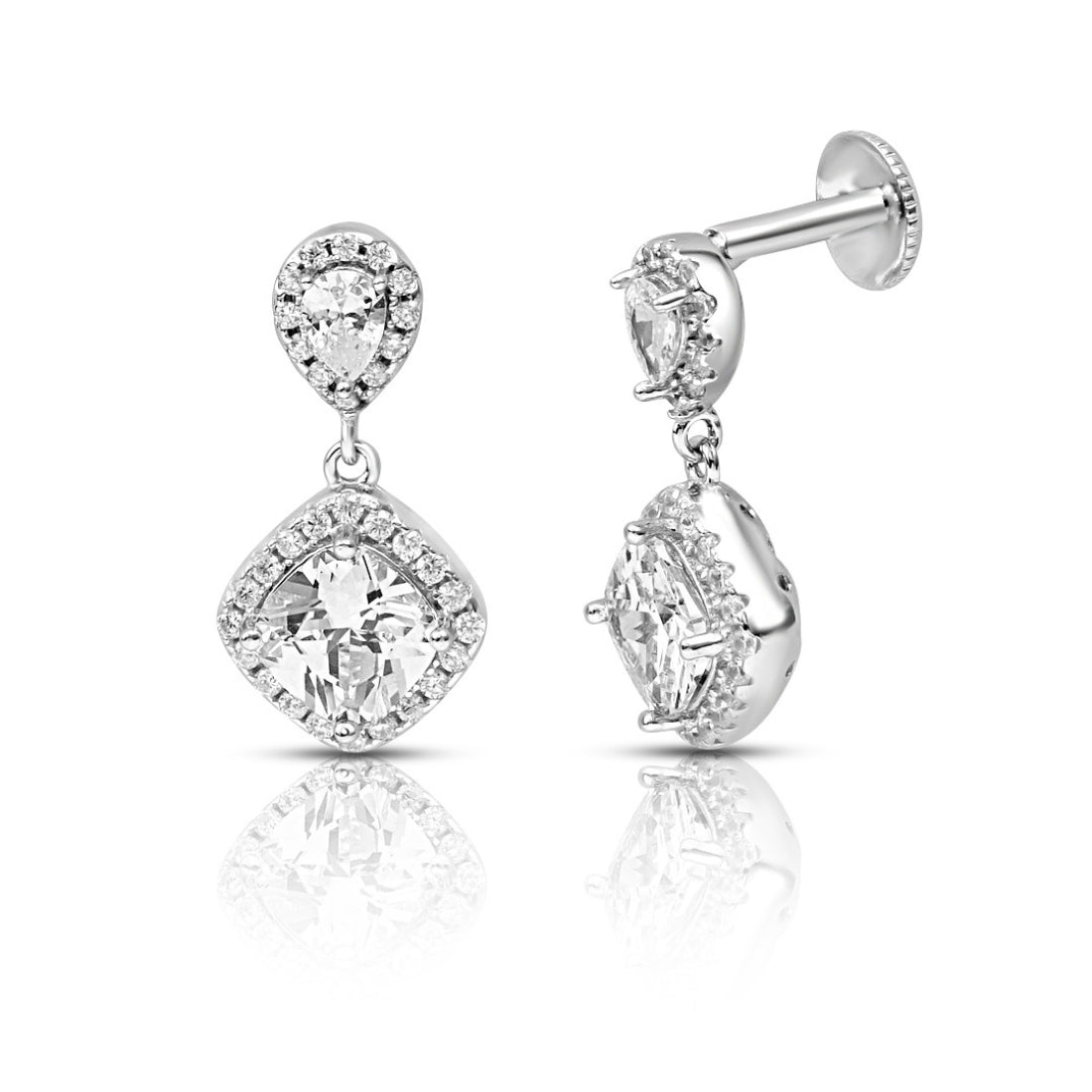 Solitaire Halo Rhodium Plated 925 Sterling Silver Earrings