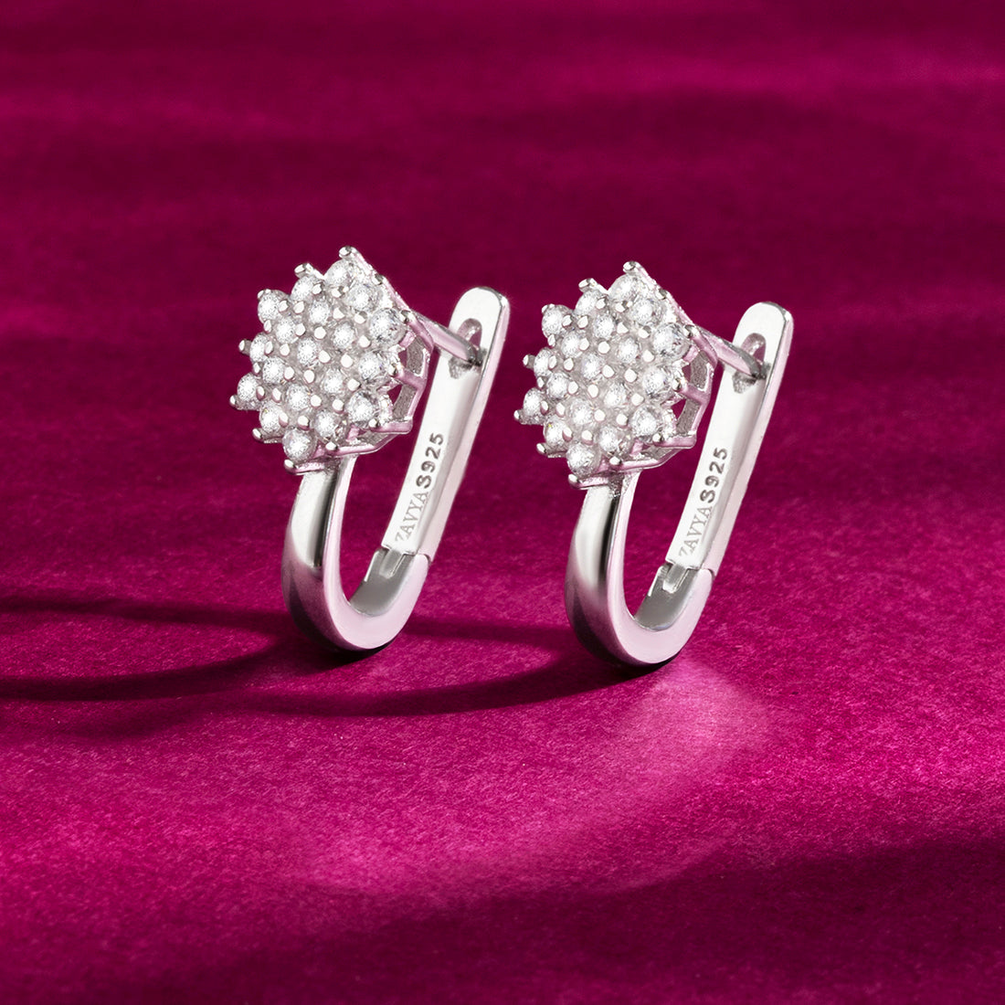 Floral Whisper Silver Hoop Rhodium Plated Earrings