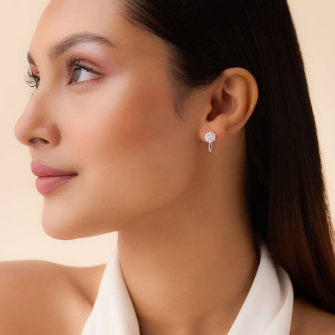 Floral Whisper Silver Hoop Rhodium Plated Earrings