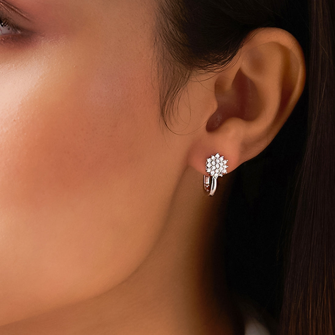 Floral Whisper Silver Hoop Rhodium Plated Earrings