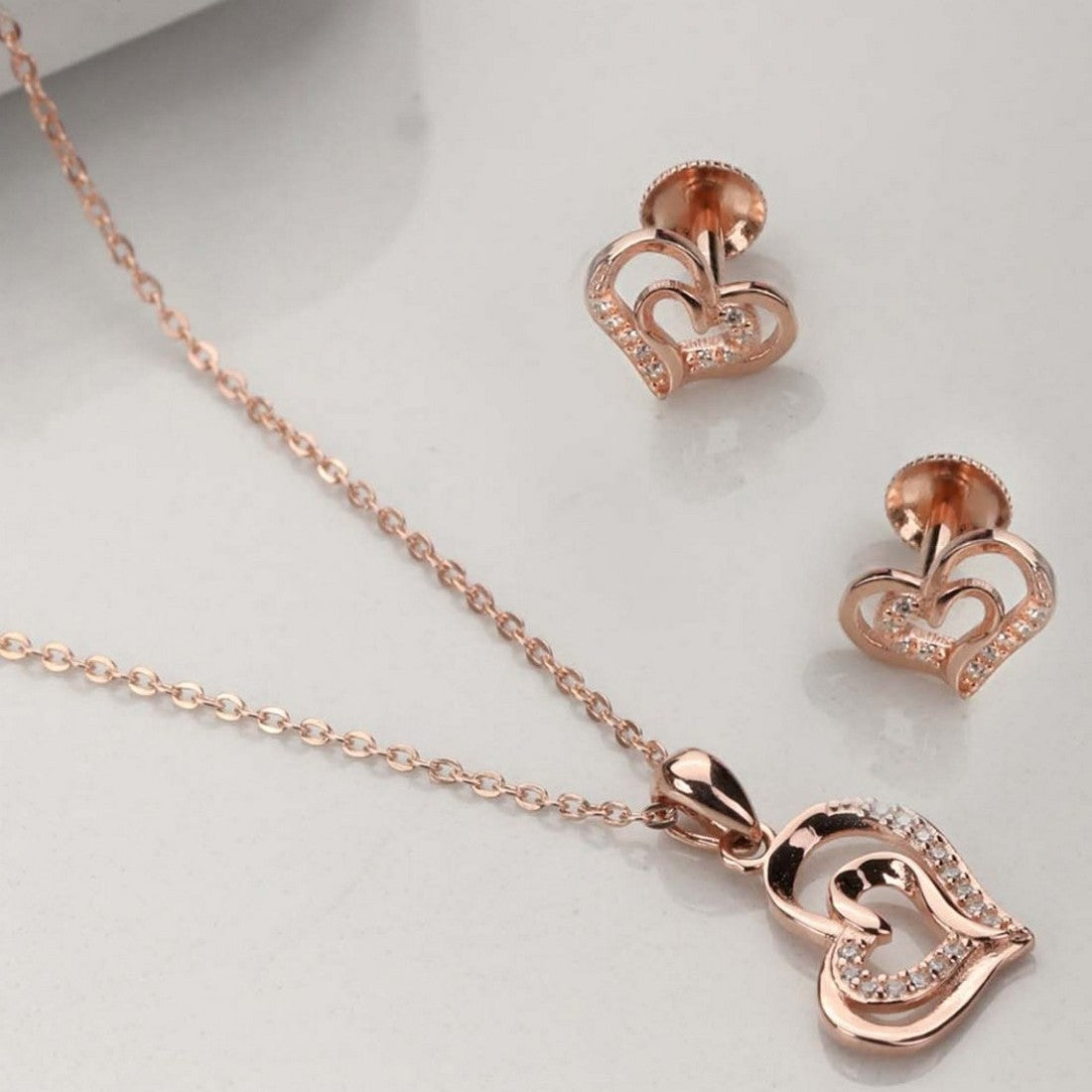 Nested Hearts Embrace: Rose Gold 925 Silver Jewelry Set Gift Hamper