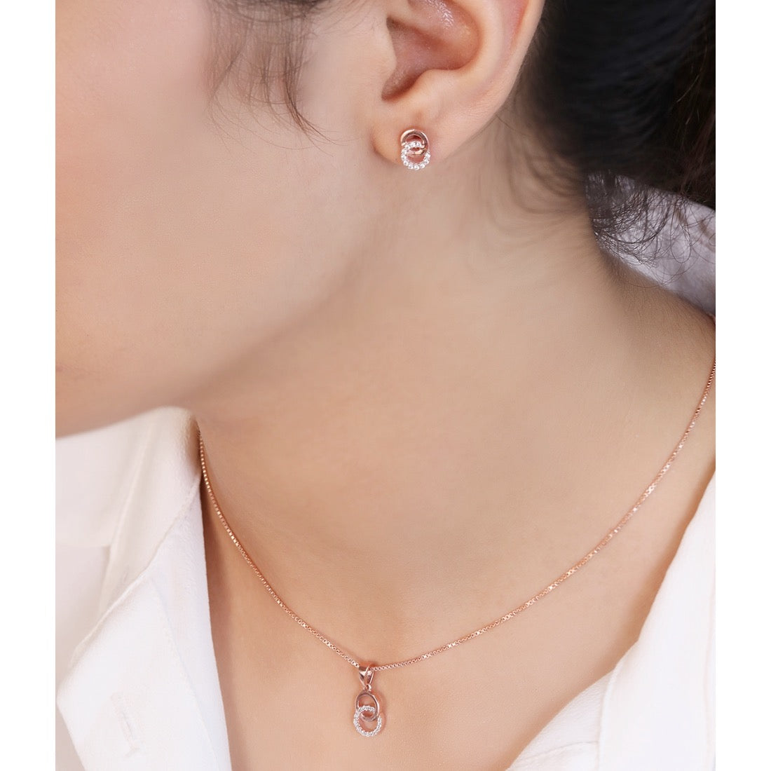Duality in Rose Gold 925 Sterling Silver Jewelry Set with Twin Circles