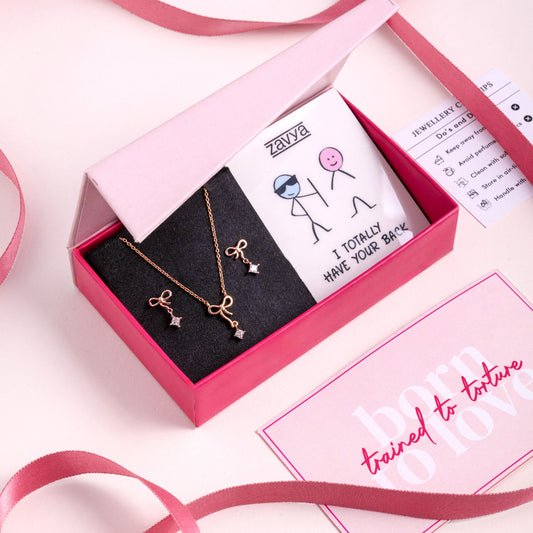 Simply Bow Rose Gold Plated 925 Sterling Silver Jewelry Set Gift Hamper