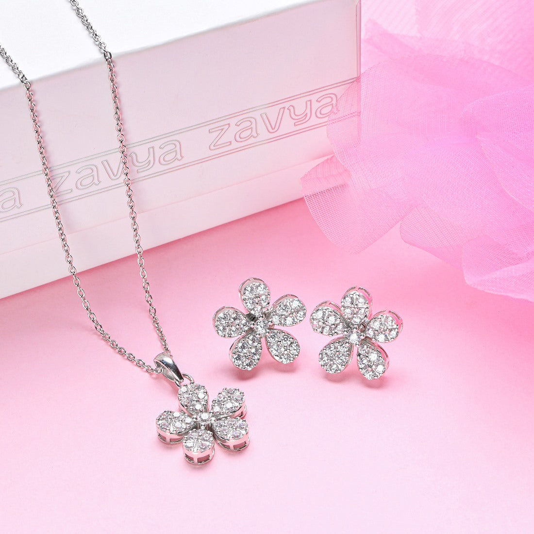 Ethereal Floral CZ Radiance Rhodium-Plated 925 Sterling Silver Jewelry Set