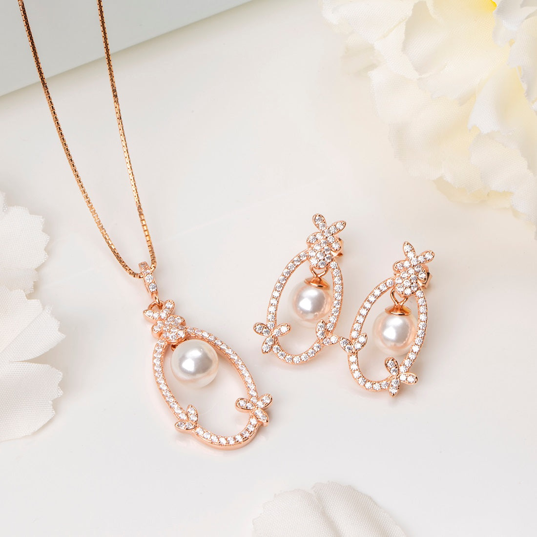 Lustrous Love CZ & Pearl 925 Sterling Silver Rose Gold-Plated Jewelry Set