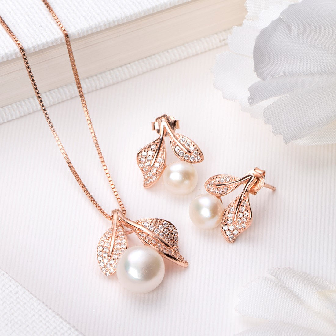 Lustrous Leaves & Pearls Rose Gold-Plated 925 Sterling Silver Jewelry Set
