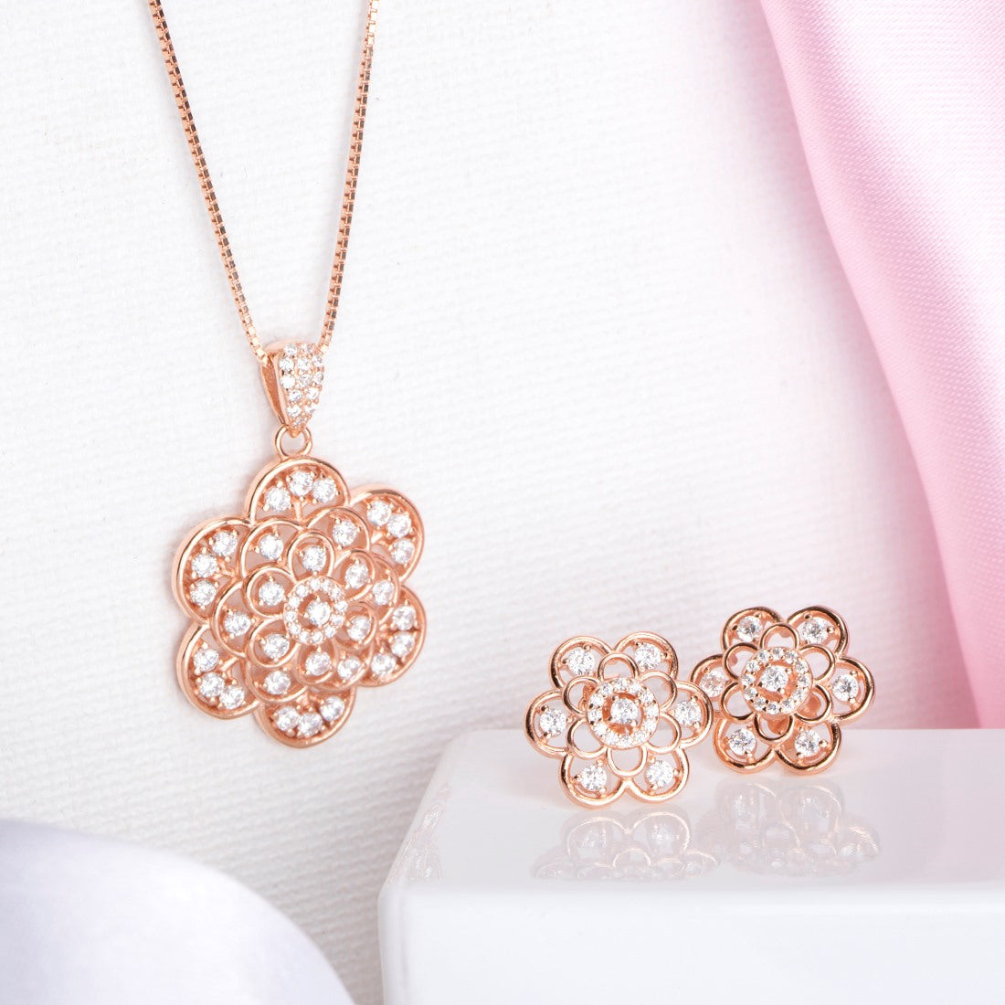 Floral Radiance Rose Gold-Plated Cubic Zirconia 925 Sterling Silver Jewelry Set