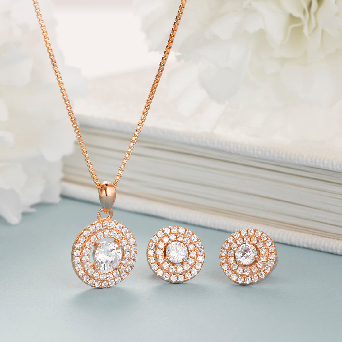 Radiant Orb Rose Gold-Plated CZ 925 Sterling Silver Jewelry Set