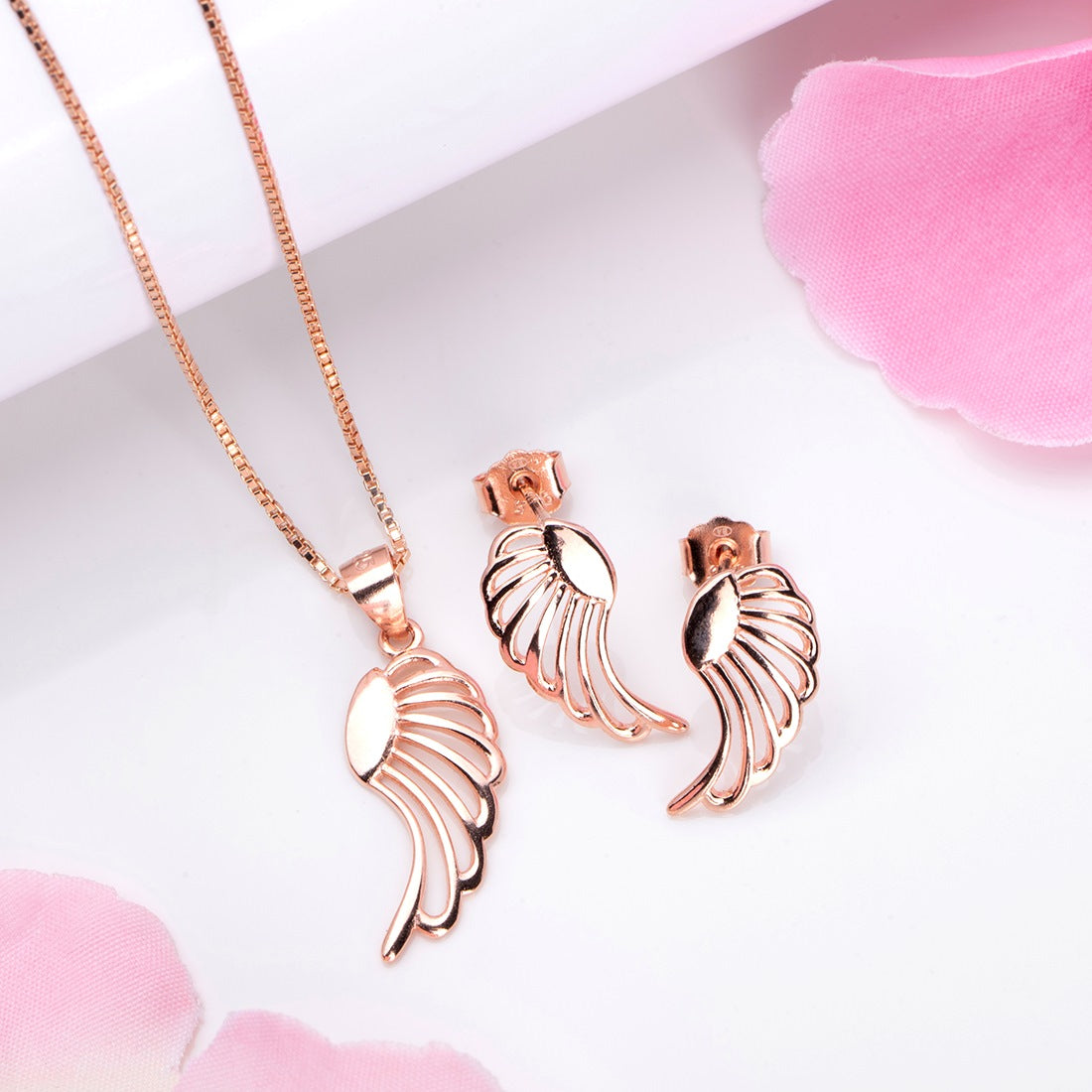 Angelic Crimson Wings Rose Gold-Plated 925 Sterling Silver Jewelry Set