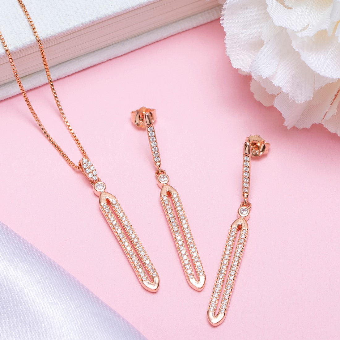 Abstract Radiance Drops Rose Gold-Plated CZ 925 Sterling Silver Jewelry Set
