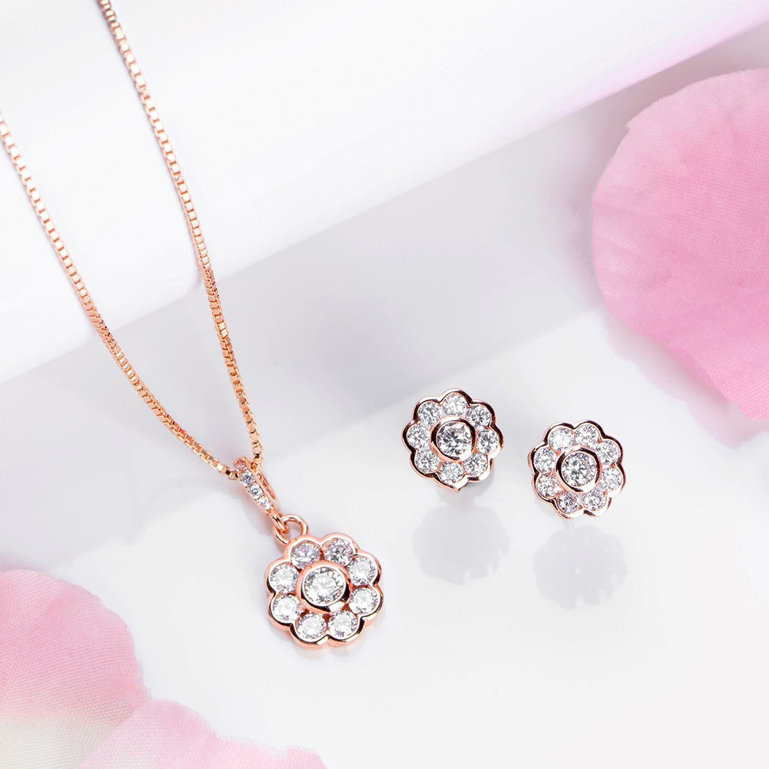 Blooming Beauty Rose Gold-Plated CZ 925 Sterling Silver Floral Jewelry Set