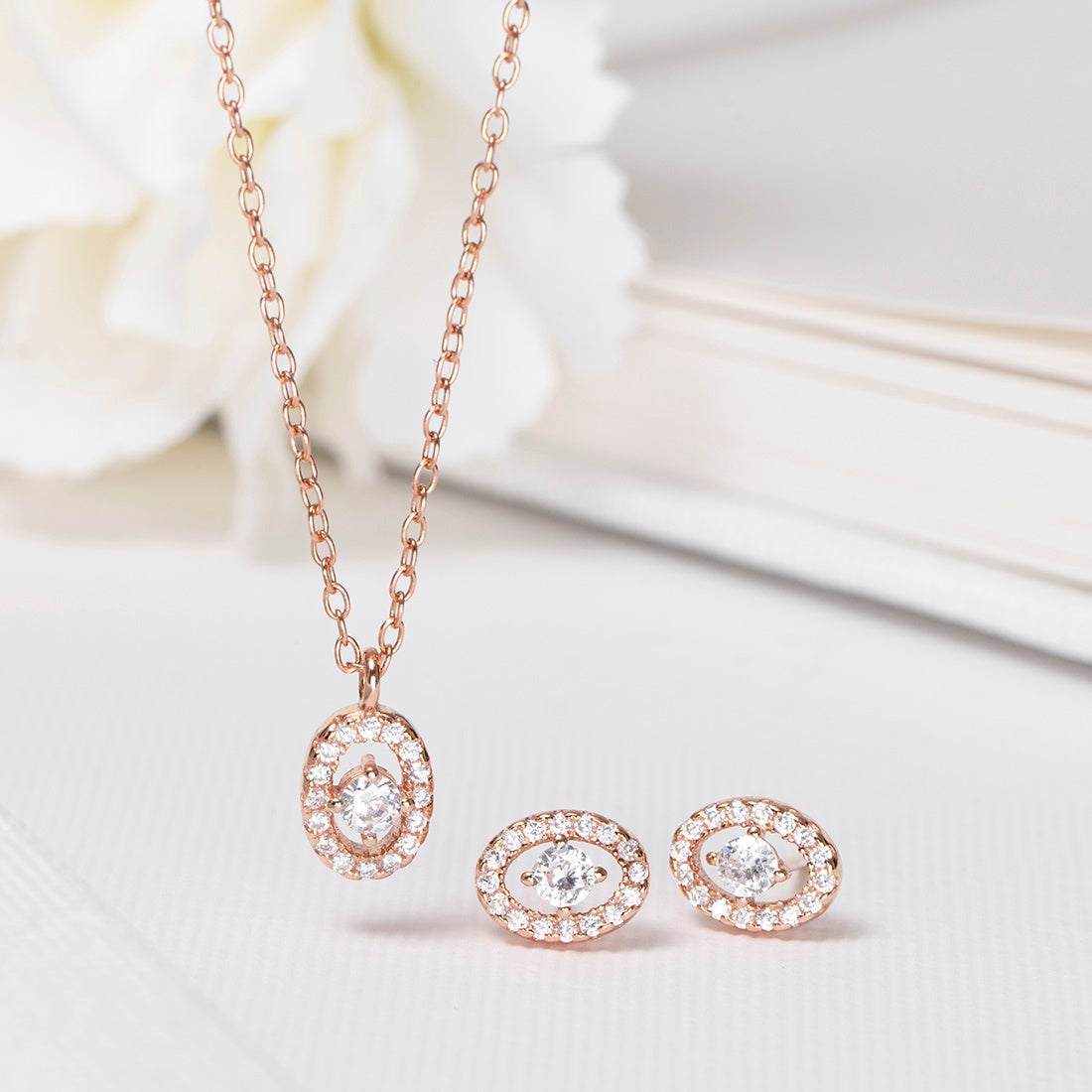 Opulent Oval Whispers Rose Gold-Plated CZ 925 Sterling Silver Jewelry Set