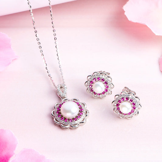 Pearl Blossom Harmony Rhodium-Plated 925 Sterling Silver Jewelry Set