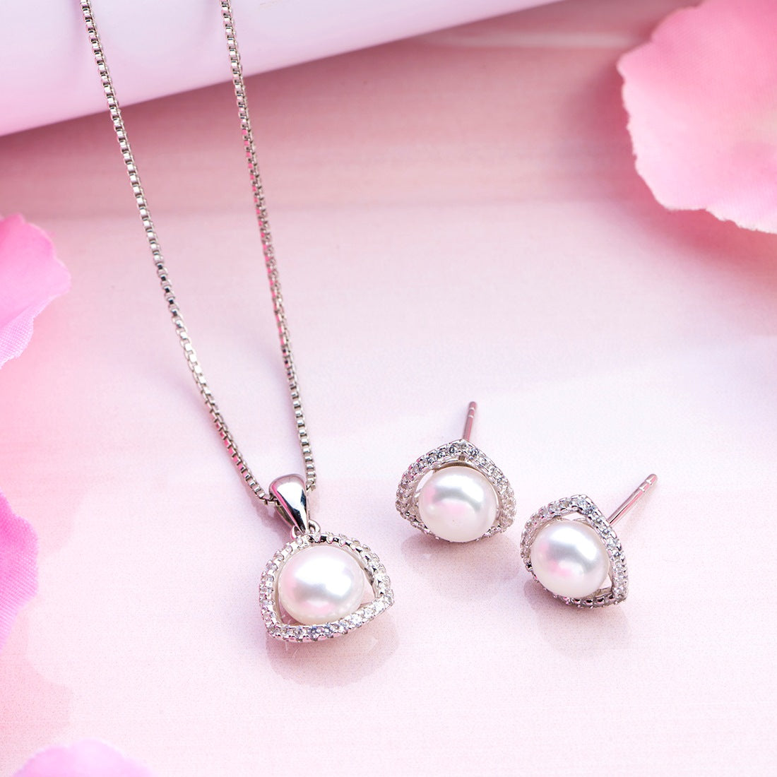 Pearl Radiance Harmony Rhodium-Plated 925 Sterling Silver Jewelry Set